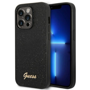 Guess Glitter Script dėklas iPhone 14 Pro – juodas