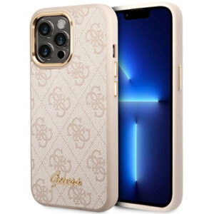 Guess 4G Vintage Gold Logo dėklas iPhone 14 Pro – rožinis