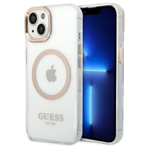 Guess MagSafe dėklas iPhone 14 Plus – skaidrus/auksinis