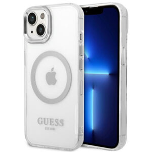Guess MagSafe dėklas iPhone 14 Plus – skaidrus/sidabrinis