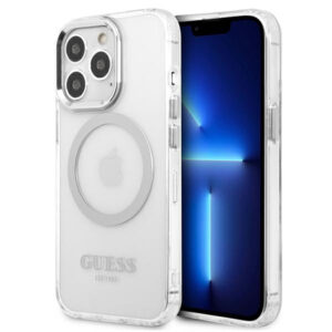Guess Metal Outline MagSafe dėklas iPhone 13/13 Pro – sidabrinis