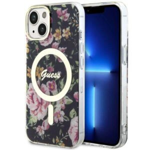 Guess MagSafe dėklas iPhone 14 – juodas, gėlės