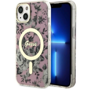 Guess Flower MagSafe dėklas iPhone 14 – rožinis