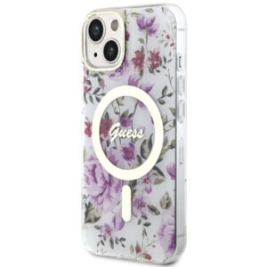 Guess Flower MagSafe dėklas iPhone 14 – skaidrus