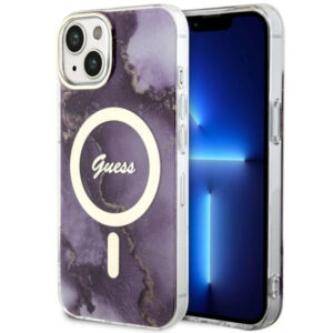 Guess MagSafe dėklas iPhone 14 – violetinis marmuras