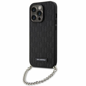 Karl Lagerfeld Saffiano dėklas iPhone 14 Pro – juodas, grandinėlė