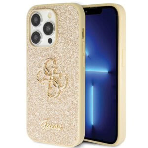 Guess dėklas iPhone 14 Pro – auksinis su blizgučiais
