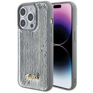 Guess Sequin Script Metal dėklas iPhone 15 Pro – sidabrinis