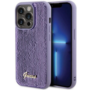 Guess Sequin Script Metal dėklas iPhone 15 Pro – violetinis