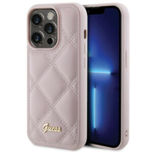 Guess Quilted Metal Logo dėklas iPhone 15 Pro – rožinis