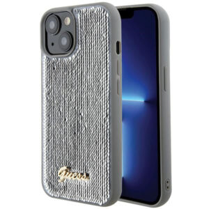 Guess Sequin Script Metal dėklas iPhone 15 – sidabrinis