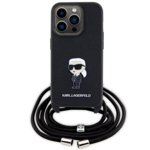 Karl Lagerfeld dėklas iPhone 15 Pro su dirželiu – juodas