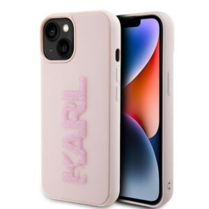 Karl Lagerfeld 3D Rubber Glitter Logo dėklas iPhone 15 Plus – rožinis -- iPhone 15 Plus