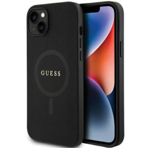 Guess Saffiano MagSafe dėklas iPhone 15 Plus – juodas