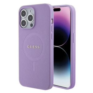 Guess Saffiano MagSafe dėklas iPhone 15 Pro Max – violetinis