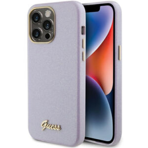 Guess dėklas iPhone 15 Pro – alyvinis, su blizgučiais