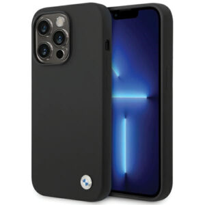 BMW silikoninis dėklas iPhone 15 Pro – juodas, metalinis logotipas
