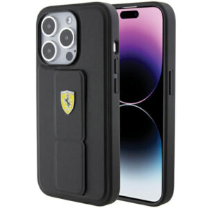 Ferrari Grip Stand dėklas iPhone 15 Pro Max – juodas