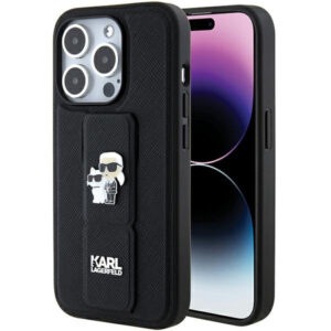 Karl Lagerfeld Gripstand Saffiano dėklas iPhone 15 Pro – juodas