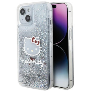 Hello Kitty blizgučių dėklas iPhone 15 – sidabrinis