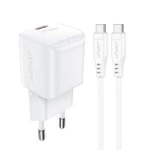 Acefast A77 Mini PD 30W GaN sieninis įkroviklis + USB-C laidas - baltas
