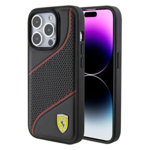 Ferrari Perforated Waves Metal Logo dėklas iPhone 15 Pro - juodas