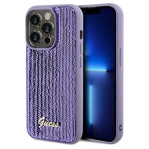 Guess Sequin Script Metal dėklas iPhone 13 Pro Max – violetinis