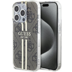 Guess dėklas iPhone 15 Pro – rudas, 4G Gold Stripe