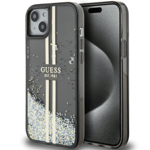 Guess Liquid Glitter Gold Stripes dėklas iPhone 15 Plus / 14 Plus – juodas
