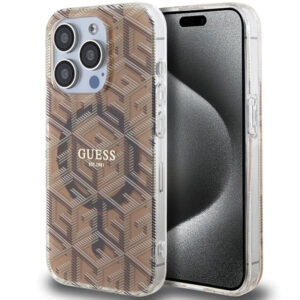Guess MagSafe dėklas iPhone 15 Pro – rudas