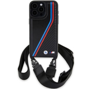 BMW M dėklas iPhone 15 Pro Max – juodas su dirželiu