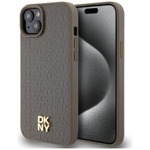 DKNY odinis MagSafe dėklas iPhone 15 Plus/14 Plus – rudas