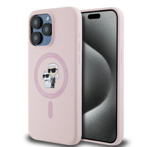 Karl Lagerfeld Silikoninis Karl&Choupette Ring MagSafe Dėklas, skirtas iPhone 15 Pro Max – rožinis