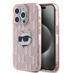 Karl Lagerfeld IML Choupette Head & Monogram dėklas, skirtas iPhone 15 Pro Max - rožinis