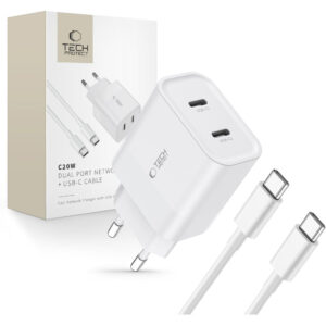 Tech-Protect C20W įkroviklis 2x USB-C PD 20W su USB-C / USB-C laidu - baltas -- Cell phone chargers