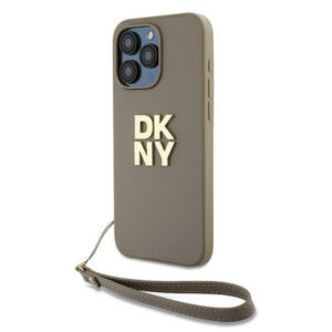 DKNY dėklas iPhone 15 Pro su riešo dirželiu – smėlio