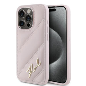 Karl Lagerfeld Diagonal Quilted Script dėklas iPhone 15 Pro – rožinis