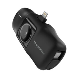 Wozinsky WF16-YLS 5000mAh 15W Lightning Mini Išorinė baterija su integruotu USB-C laidu ir Apple Watch įkrovikliu - juodas
