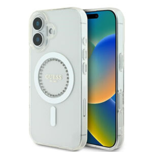Guess MagSafe dėklas iPhone 16 – baltas, su cirkoniais