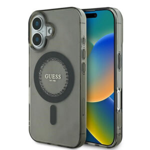 Guess MagSafe dėklas iPhone 16 – juodas su cyrkoniais