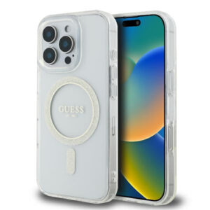 Guess GUHMP16LHFGERET iPhone 16 Pro 6.3" skaidrus kietas dėklas IML Blizgučių ratas MagSafe