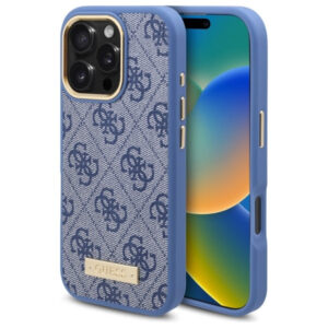 Guess 4G Logo Plate MagSafe dėklas iPhone 16 Pro – mėlynas