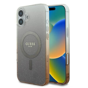 Guess blizgus MagSafe dėklas iPhone 16 – rudas