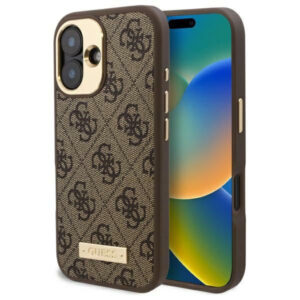 Guess 4G Logo Plate MagSafe dėklas iPhone 16 Plus – rudas