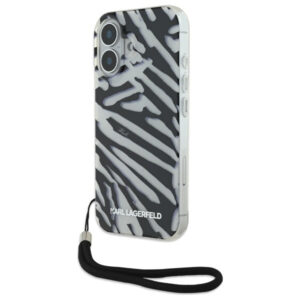Karl Lagerfeld Zebra dėklas su virvute iPhone 16 – juodas