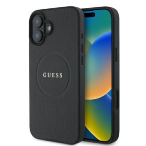 Guess Grained Ring MagSafe dėklas iPhone 16 – juodas