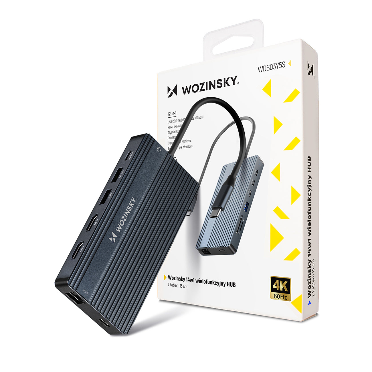 USB-C Hub 14 in 1 Wozinsky WDS03Y5S daugiafunkcinis, aliuminis, 3 monitoriams, su 15 cm kabeliu - pilkas -- USB Hubs