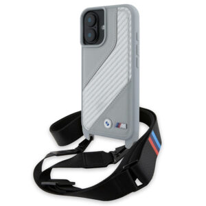 BMW M Edition Carbon Stripe & Strap dėklas iPhone 16 – pilkas