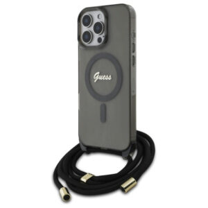 Guess MagSafe dėklas iPhone 16 Pro – juodas, su dirželiu