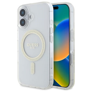 Guess MagSafe dėklas iPhone 16 Plus – skaidrus su blizgučiais